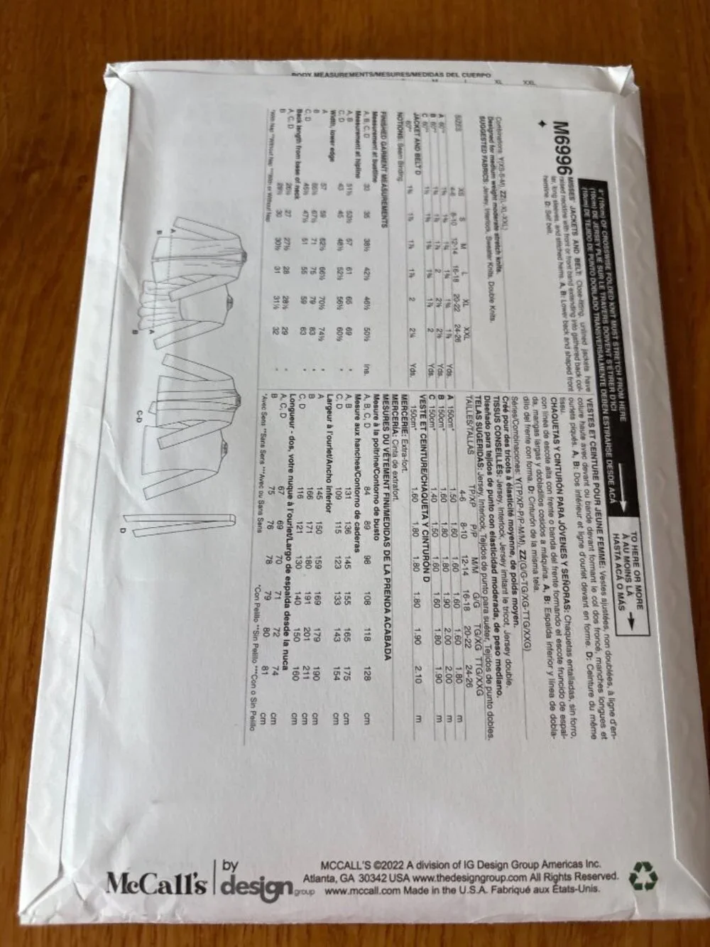 McCalls M6996 Womens Sewing Pattern Size L-XL-XXL Jacket Cardigan Coat Uncut